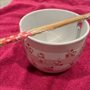 Sanrio Hello Kitty White and Pink Bowl with Chopsticks